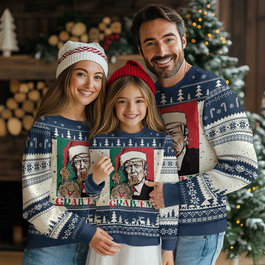 Funny Xmas Trump Ugly Christmas Sweater Grab 'em Trump Hug Reindeer Cat TS09 Navy Print Your Wear