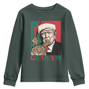Funny Christmas Trump Youth Sweatshirt Grab 'em Trump Hug Reindeer Cat TS09 Dark Forest Green Print Your Wear