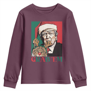 Funny Christmas Trump Youth Sweatshirt Grab 'em Trump Hug Reindeer Cat TS09 Maroon Print Your Wear