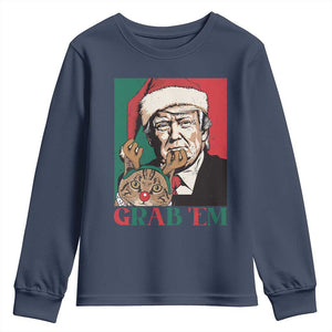 Funny Christmas Trump Youth Sweatshirt Grab 'em Trump Hug Reindeer Cat TS09 Navy Print Your Wear