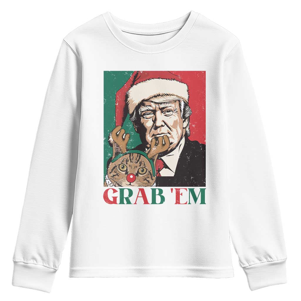 Funny Christmas Trump Youth Sweatshirt Grab 'em Trump Hug Reindeer Cat TS09 White Print Your Wear