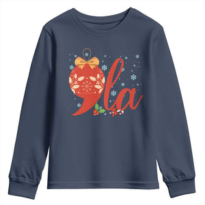 Funny Christmas Kamala Youth Sweatshirt Comma La Harris Bauble TS09 Navy Print Your Wear
