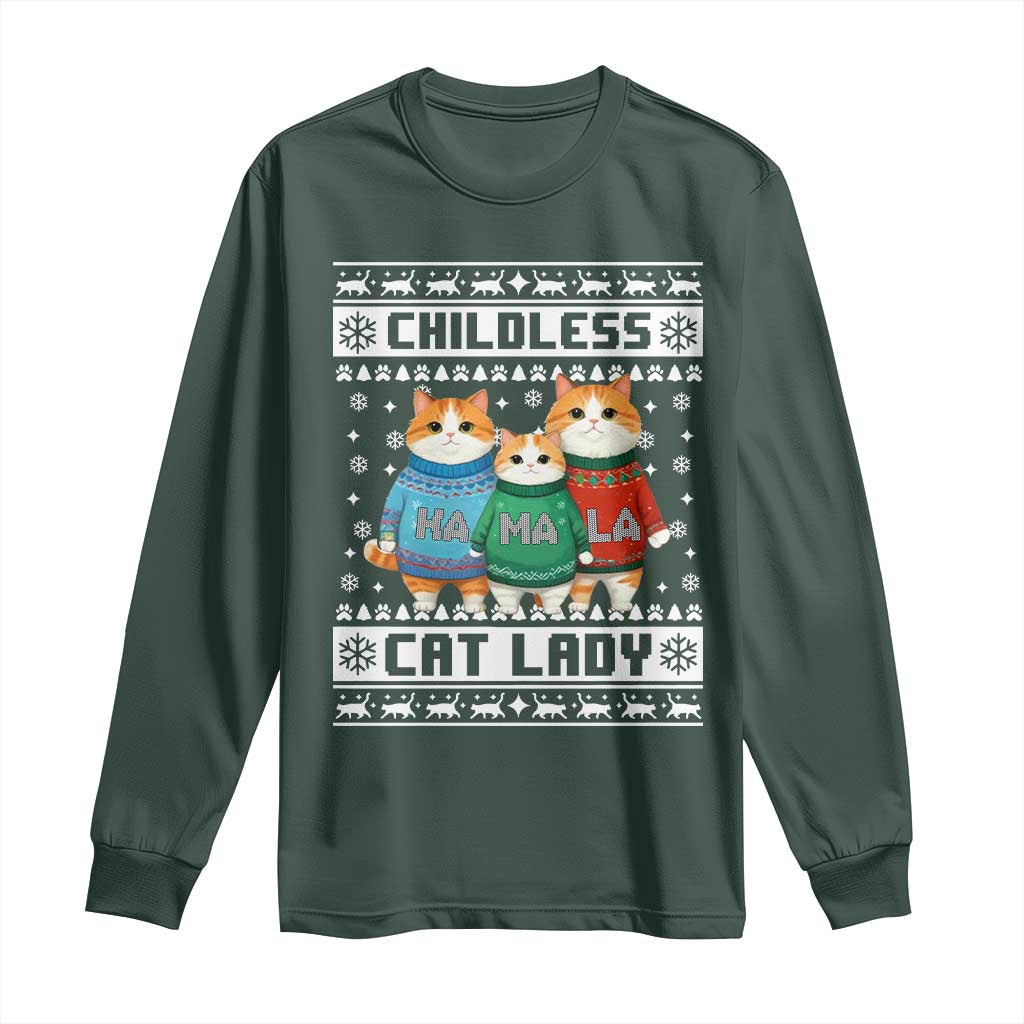 Christmas Childless Cat Lady Long Sleeve Shirt Cute Cats Cat Mom Meowy Xmas Kamala 2024 TS09 Dark Forest Green Print Your Wear