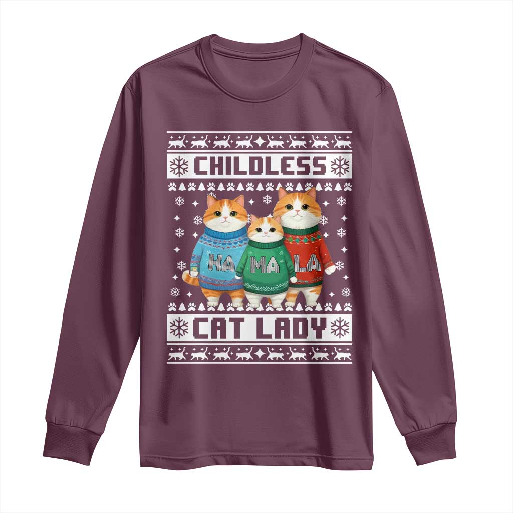 Christmas Childless Cat Lady Long Sleeve Shirt Cute Cats Cat Mom Meowy Xmas Kamala 2024 TS09 Maroon Print Your Wear