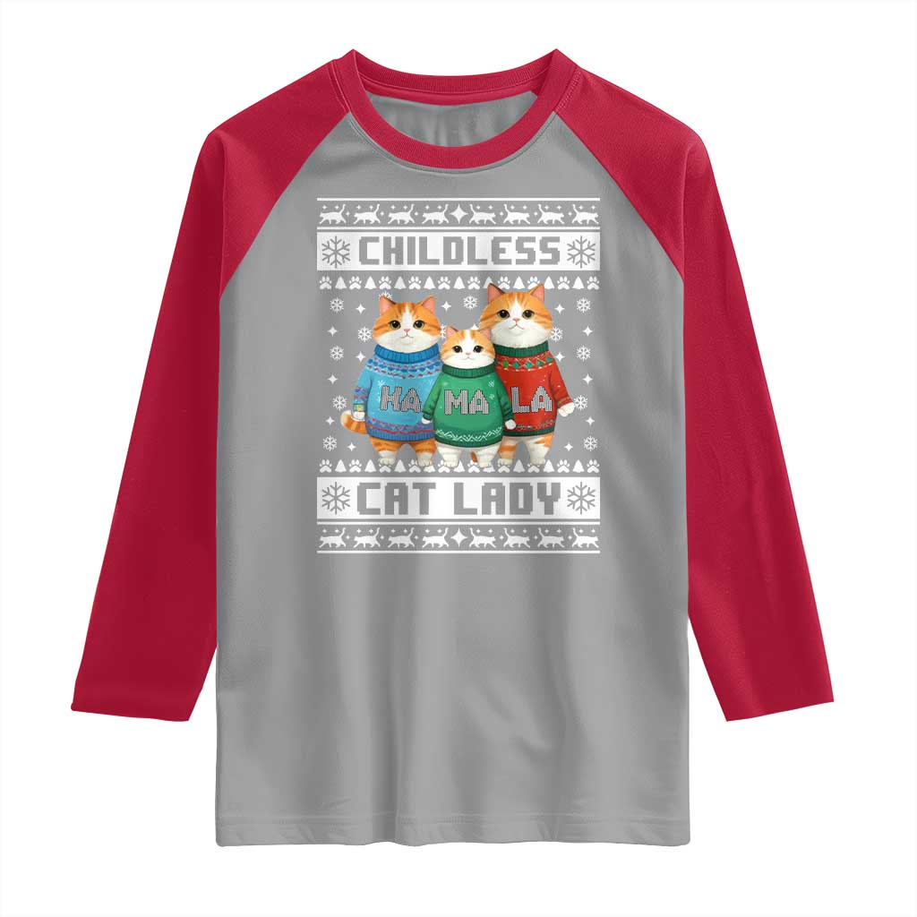 Christmas Childless Cat Lady Raglan Shirt Cute Cats Cat Mom Meowy Xmas Kamala 2024 TS09 Sport Gray Red Print Your Wear