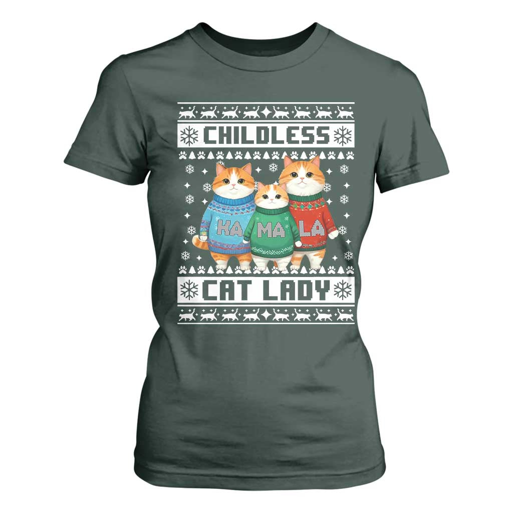 Christmas Childless Cat Lady T Shirt For Women Cute Cats Cat Mom Meowy Xmas Kamala 2024 TS09 Dark Forest Green Print Your Wear