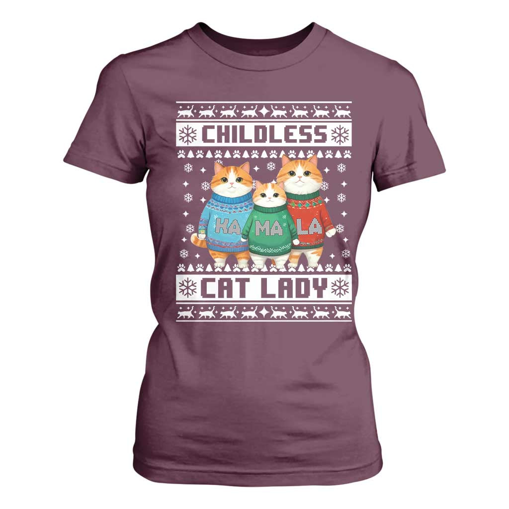 Christmas Childless Cat Lady T Shirt For Women Cute Cats Cat Mom Meowy Xmas Kamala 2024 TS09 Maroon Print Your Wear
