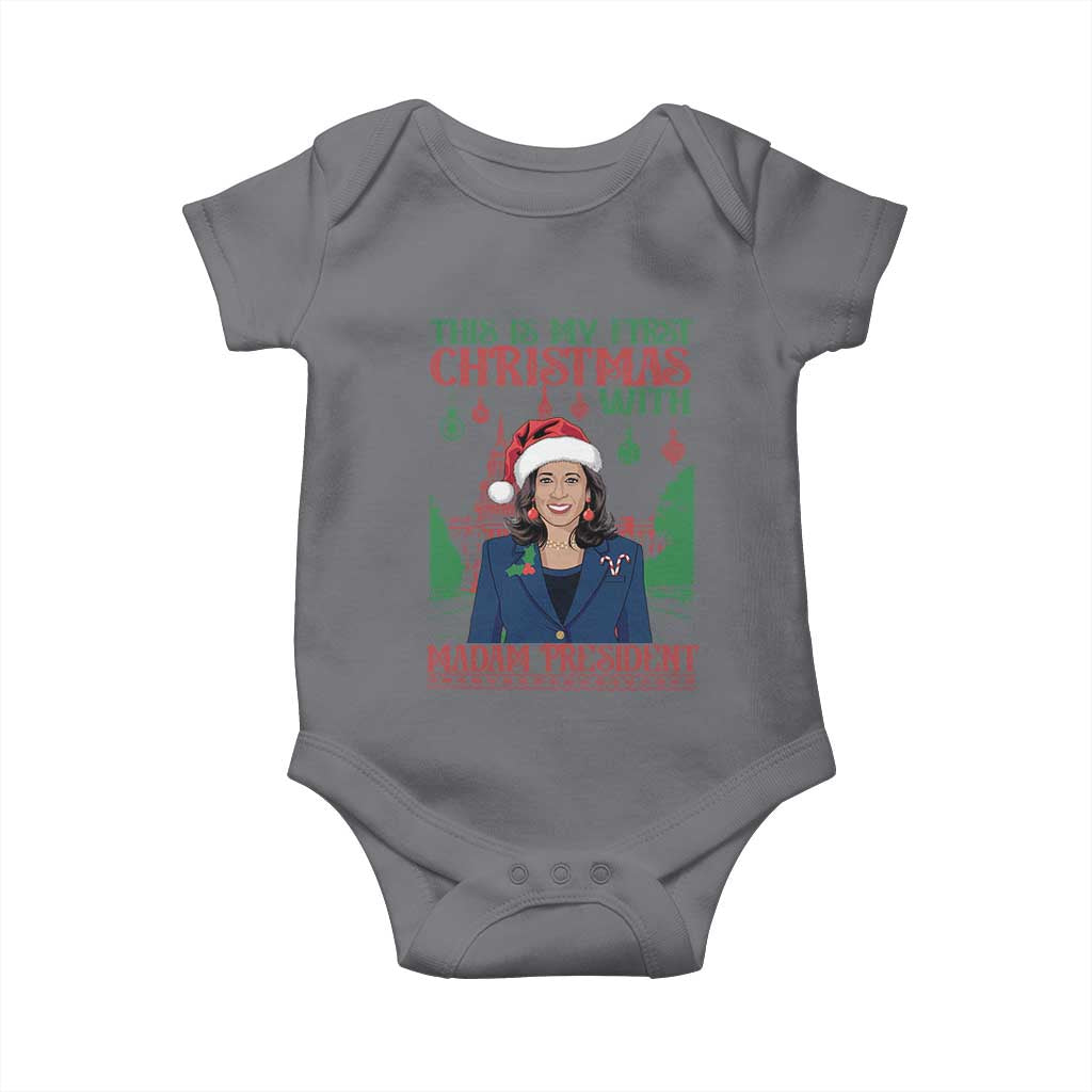 Xmas Kamala 2024 Baby Onesie This Is My First Christmas With Madam President TS09 Charcoal Print Your Wear