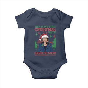 Xmas Kamala 2024 Baby Onesie This Is My First Christmas With Madam President TS09 Navy Print Your Wear