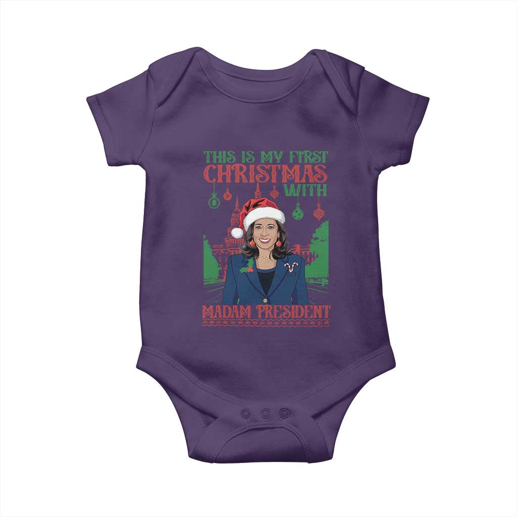 Xmas Kamala 2024 Baby Onesie This Is My First Christmas With Madam President TS09 Purple Print Your Wear