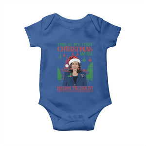 Xmas Kamala 2024 Baby Onesie This Is My First Christmas With Madam President TS09 Royal Blue Print Your Wear