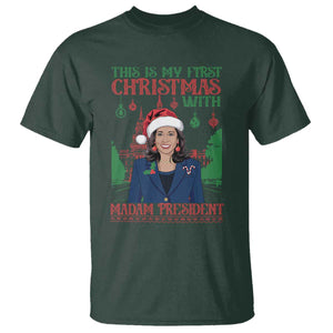 Xmas Kamala 2024 T Shirt This Is My First Christmas With Madam President TS09 Dark Forest Green Print Your Wear