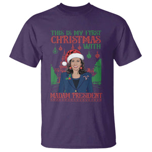 Xmas Kamala 2024 T Shirt This Is My First Christmas With Madam President TS09 Purple Print Your Wear