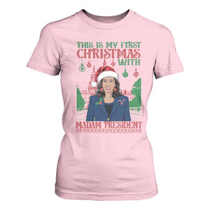 Xmas Kamala 2024 T Shirt For Women This Is My First Christmas With Madam President TS09 Light Pink Print Your Wear