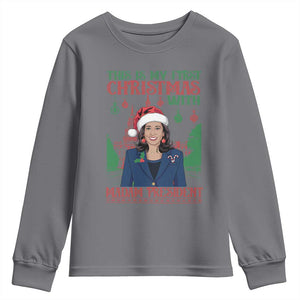 Xmas Kamala 2024 Youth Sweatshirt This Is My First Christmas With Madam President TS09 Charcoal Print Your Wear