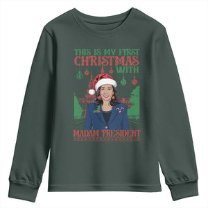 Xmas Kamala 2024 Youth Sweatshirt This Is My First Christmas With Madam President TS09 Dark Forest Green Print Your Wear