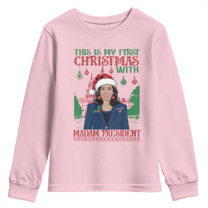 Xmas Kamala 2024 Youth Sweatshirt This Is My First Christmas With Madam President TS09 Light Pink Print Your Wear