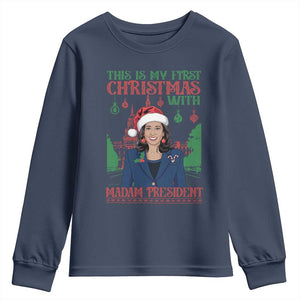 Xmas Kamala 2024 Youth Sweatshirt This Is My First Christmas With Madam President TS09 Navy Print Your Wear