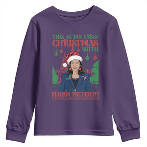 Xmas Kamala 2024 Youth Sweatshirt This Is My First Christmas With Madam President TS09 Purple Print Your Wear