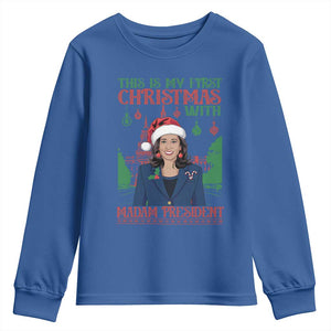 Xmas Kamala 2024 Youth Sweatshirt This Is My First Christmas With Madam President TS09 Royal Blue Print Your Wear