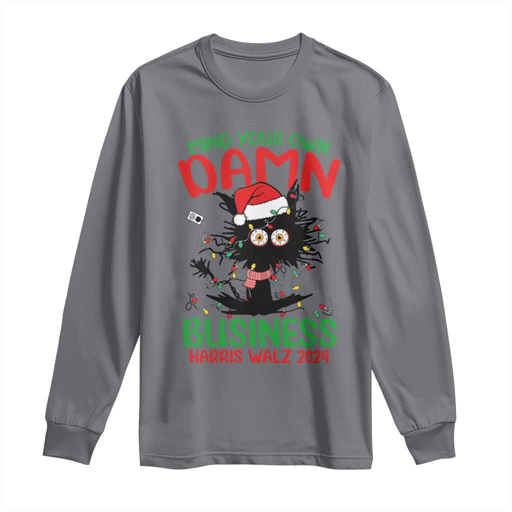 Christmas Harris Walz Long Sleeve Shirt Funny Santa Cat Mind Your Own Damn Business TS09 Charcoal Print Your Wear