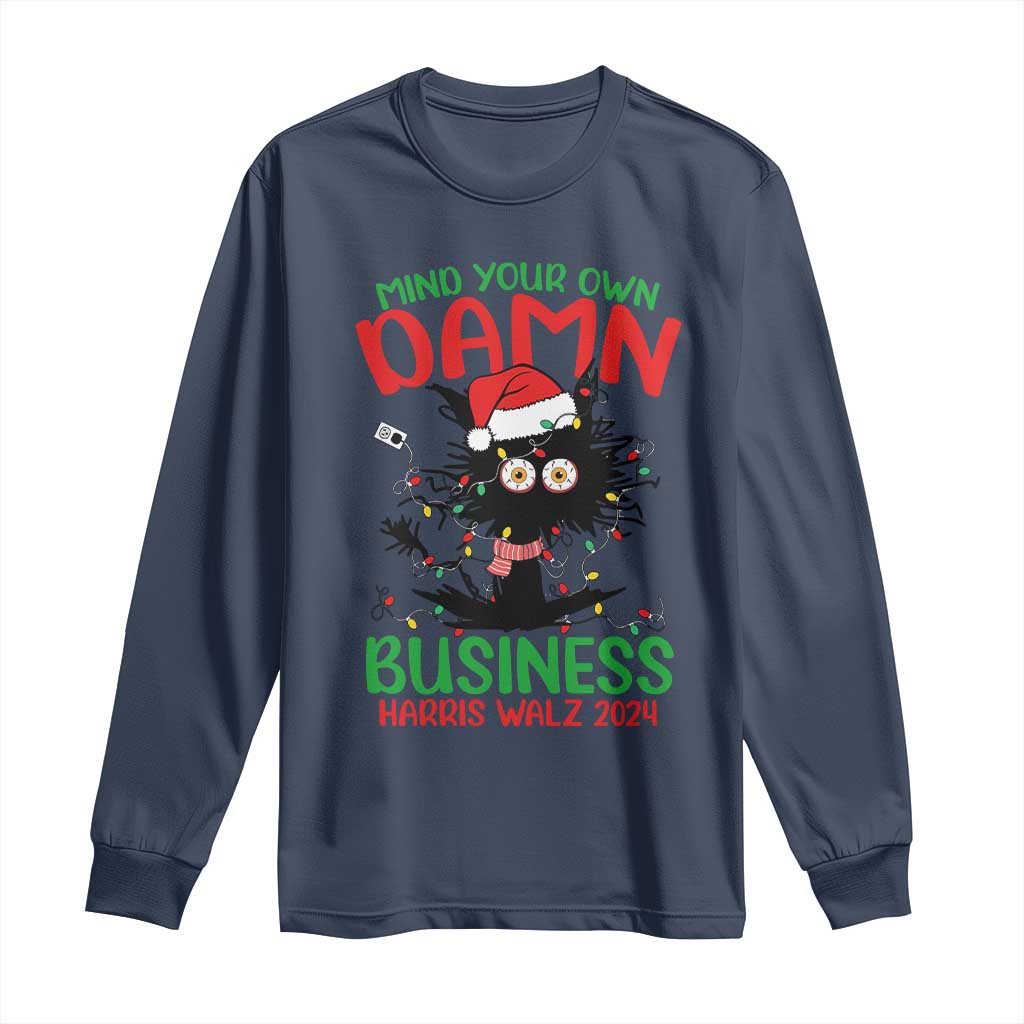Christmas Harris Walz Long Sleeve Shirt Funny Santa Cat Mind Your Own Damn Business TS09 Navy Print Your Wear