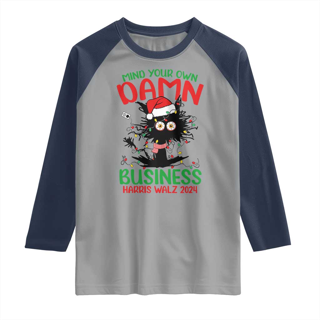 Christmas Harris Walz Raglan Shirt Funny Santa Cat Mind Your Own Damn Business TS09 Sport Gray Navy Print Your Wear