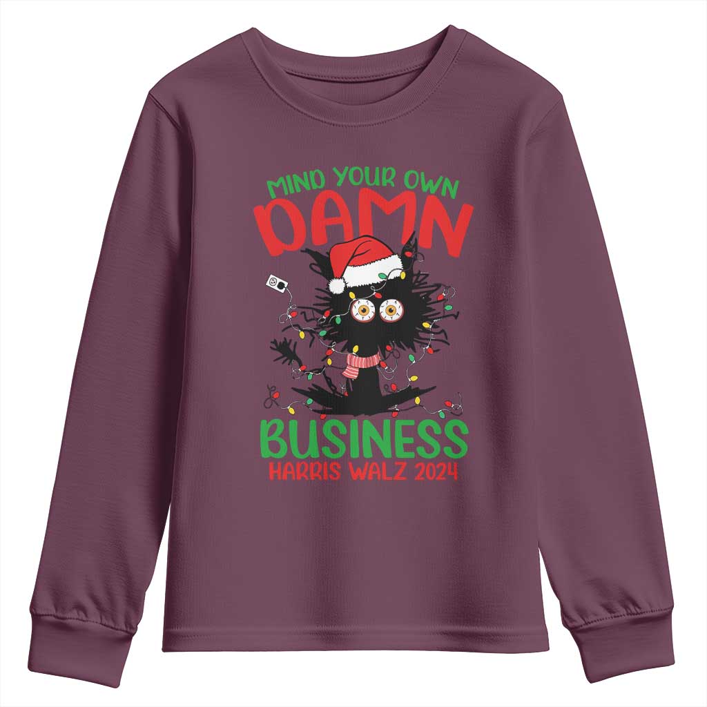Christmas Harris Walz Youth Sweatshirt Funny Santa Cat Mind Your Own Damn Business TS09 Maroon Print Your Wear