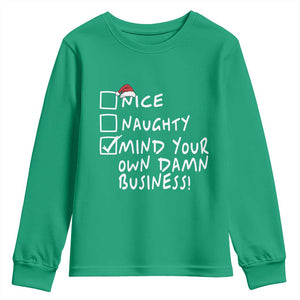 Funny Christmas Youth Sweatshirt Naughty Nice Mind Your Own Damn Business TS09 Irish Green Print Your Wear