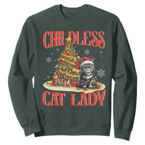 Christmas Childless Cat Lady Sweatshirt Funny Cat Christmas Light Tree TS09 Dark Forest Green Print Your Wear