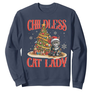 Christmas Childless Cat Lady Sweatshirt Funny Cat Christmas Light Tree TS09 Navy Print Your Wear