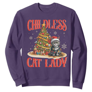 Christmas Childless Cat Lady Sweatshirt Funny Cat Christmas Light Tree TS09 Purple Print Your Wear