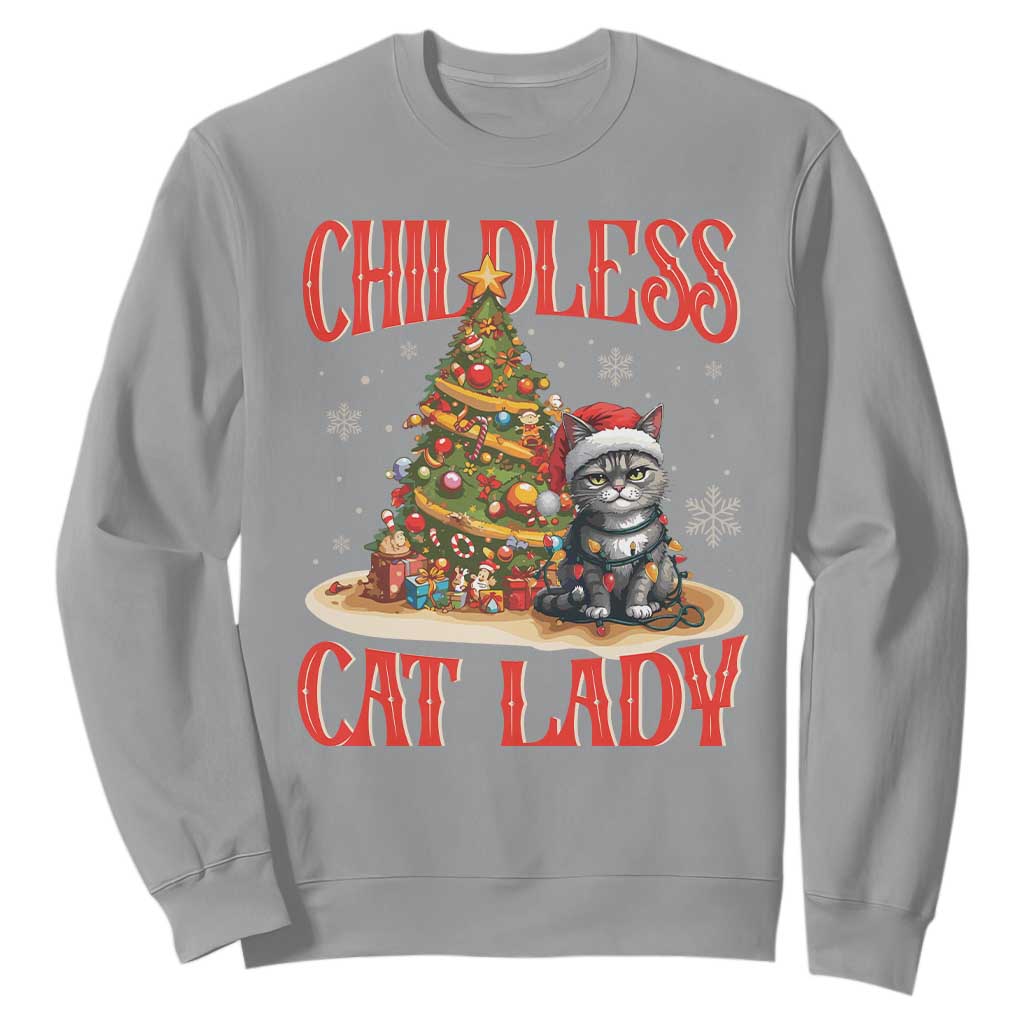 Christmas Childless Cat Lady Sweatshirt Funny Cat Christmas Light Tree TS09 Sport Gray Print Your Wear
