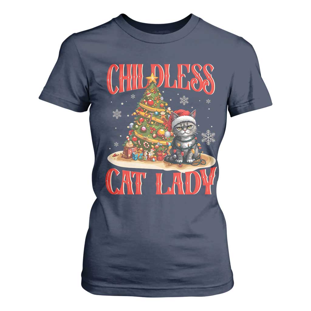 Christmas Childless Cat Lady T Shirt For Women Funny Cat Christmas Light Tree TS09 Navy Print Your Wear