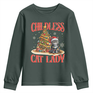 Christmas Childless Cat Lady Youth Sweatshirt Funny Cat Christmas Light Tree TS09 Dark Forest Green Print Your Wear