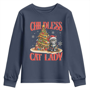 Christmas Childless Cat Lady Youth Sweatshirt Funny Cat Christmas Light Tree TS09 Navy Print Your Wear