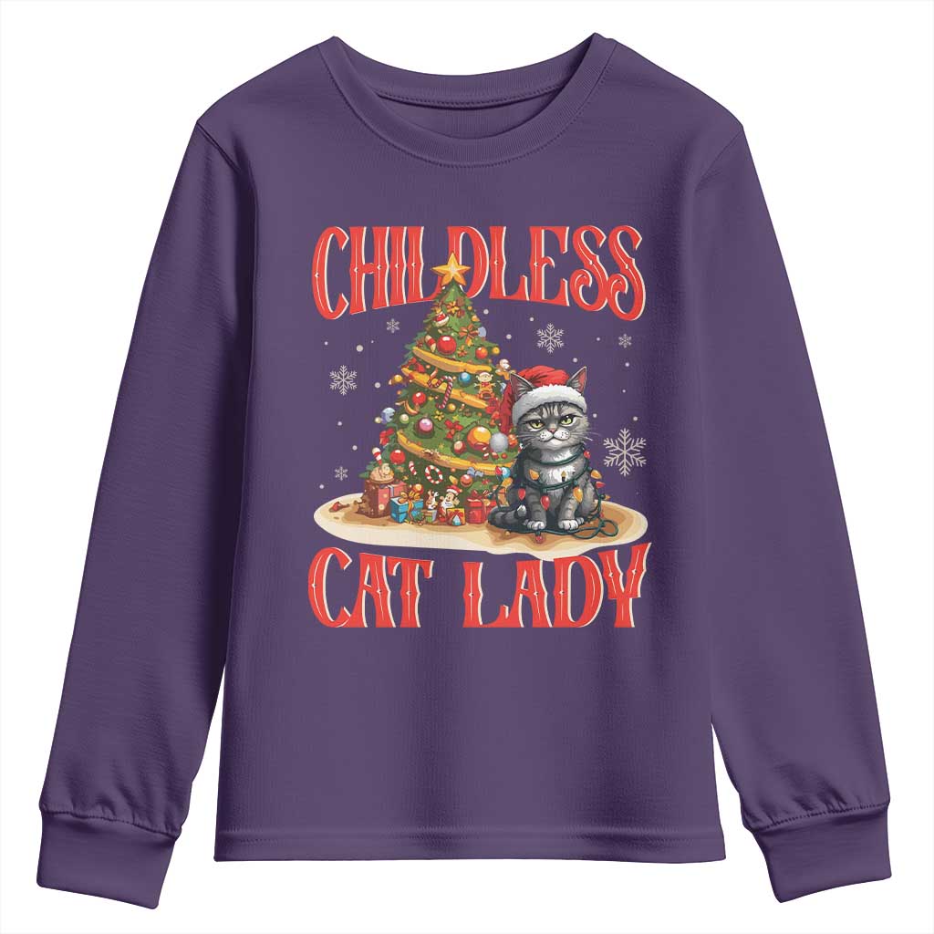 Christmas Childless Cat Lady Youth Sweatshirt Funny Cat Christmas Light Tree TS09 Purple Print Your Wear