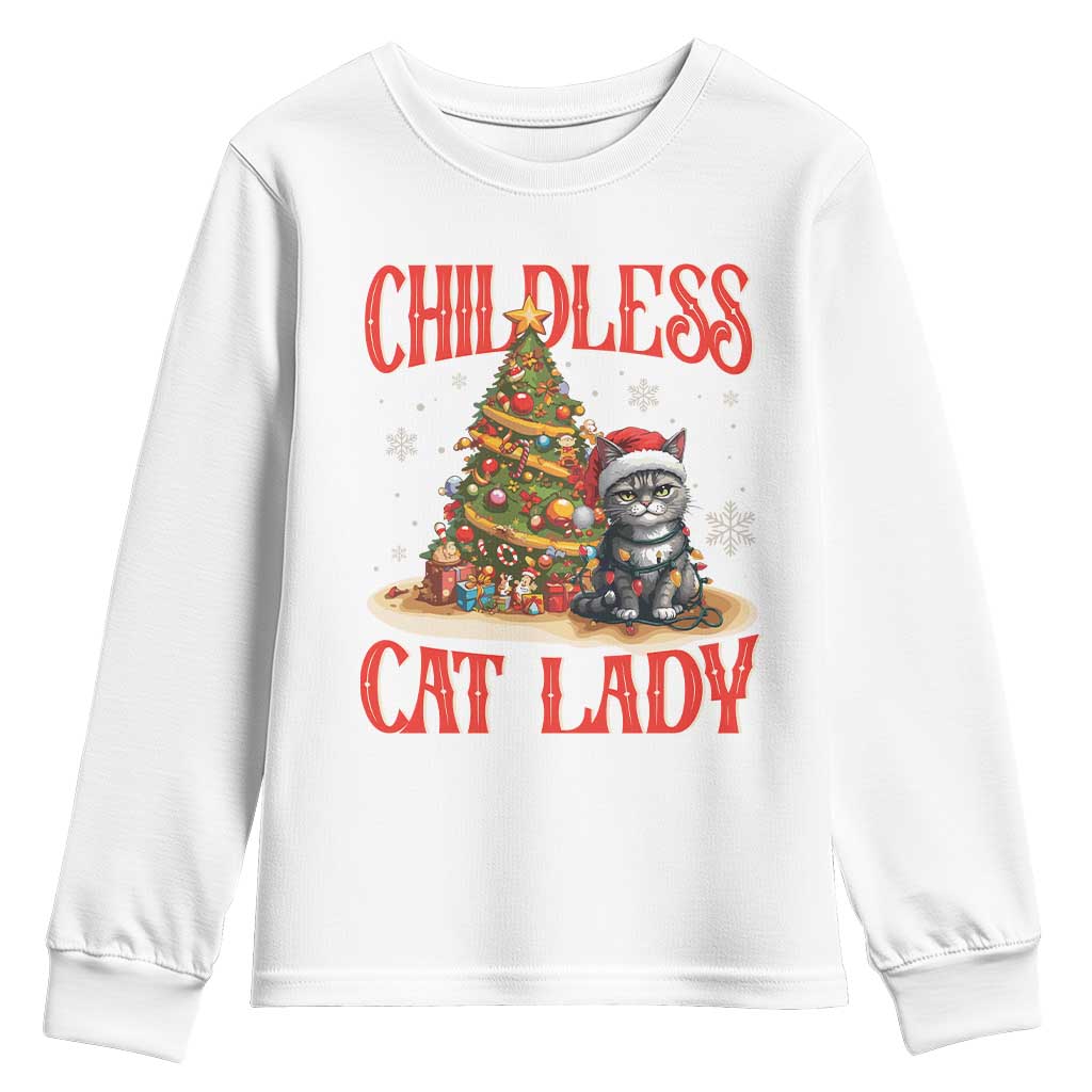 Christmas Childless Cat Lady Youth Sweatshirt Funny Cat Christmas Light Tree TS09 White Print Your Wear