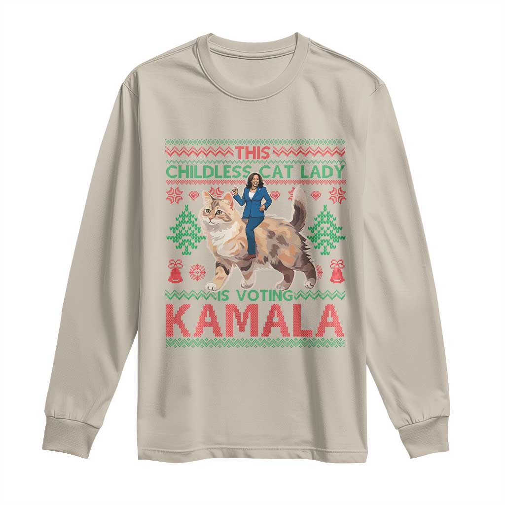 Christmas Childless Cat Lady For Kamala Long Sleeve Shirt Funny Santa Cat Voting Harris 2024 TS09 Sand Print Your Wear