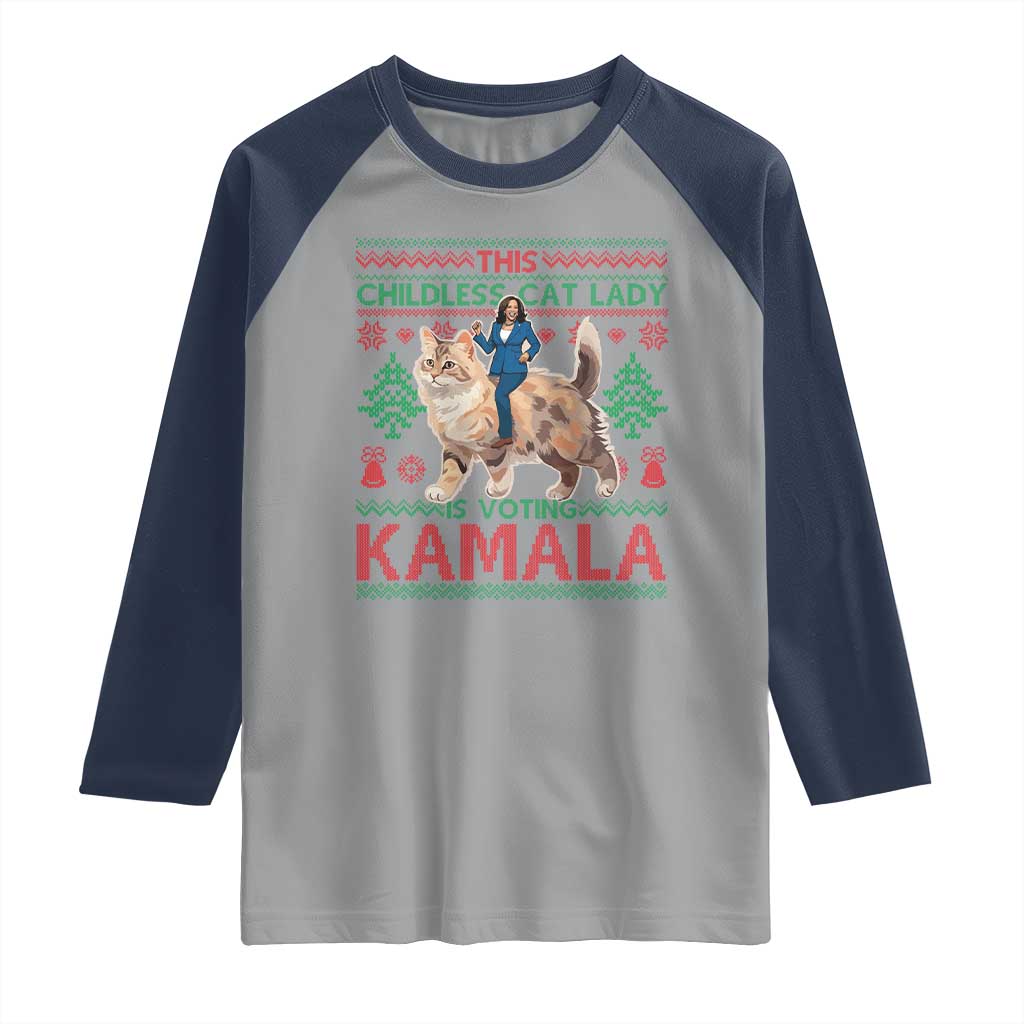Christmas Childless Cat Lady For Kamala Raglan Shirt Funny Santa Cat Voting Harris 2024 TS09 Sport Gray Navy Print Your Wear
