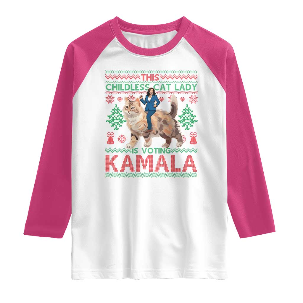 Christmas Childless Cat Lady For Kamala Raglan Shirt Funny Santa Cat Voting Harris 2024 TS09 White Heliconia Print Your Wear