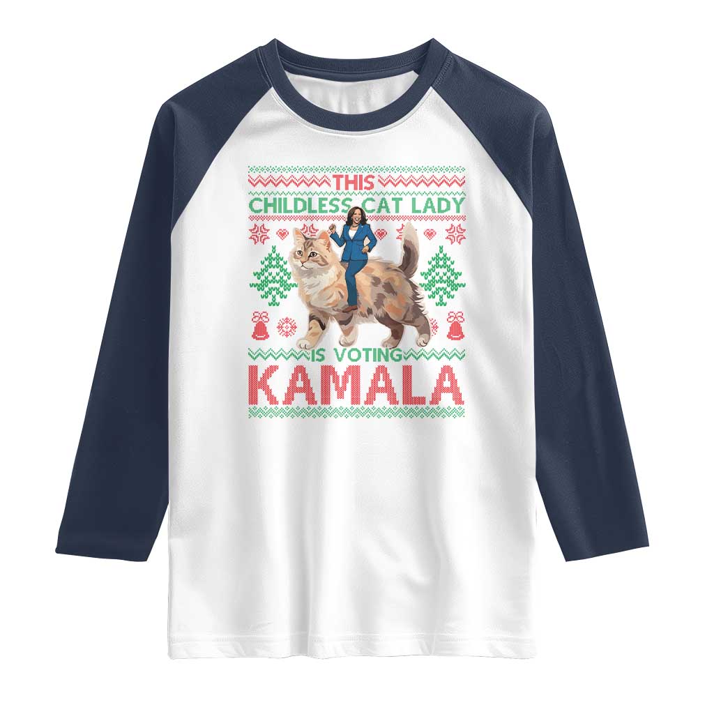 Christmas Childless Cat Lady For Kamala Raglan Shirt Funny Santa Cat Voting Harris 2024 TS09 White Navy Print Your Wear