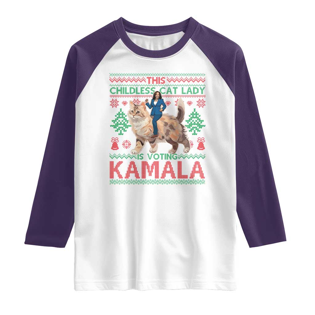 Christmas Childless Cat Lady For Kamala Raglan Shirt Funny Santa Cat Voting Harris 2024 TS09 White Purple Print Your Wear