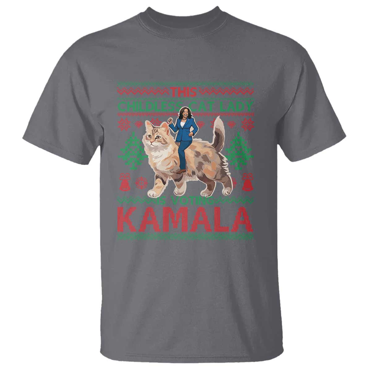 Christmas Childless Cat Lady For Kamala T Shirt Funny Santa Cat Voting Harris 2024 TS09 Charcoal Print Your Wear
