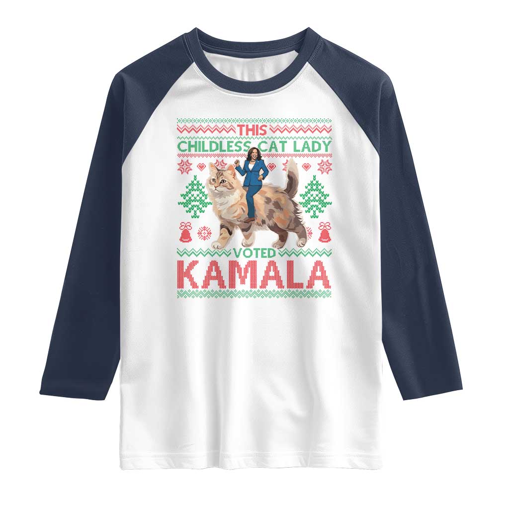 Christmas Childless Cat Lady For Kamala Raglan Shirt Funny Santa Cat Voted Harris 2024 TS09 White Navy Print Your Wear