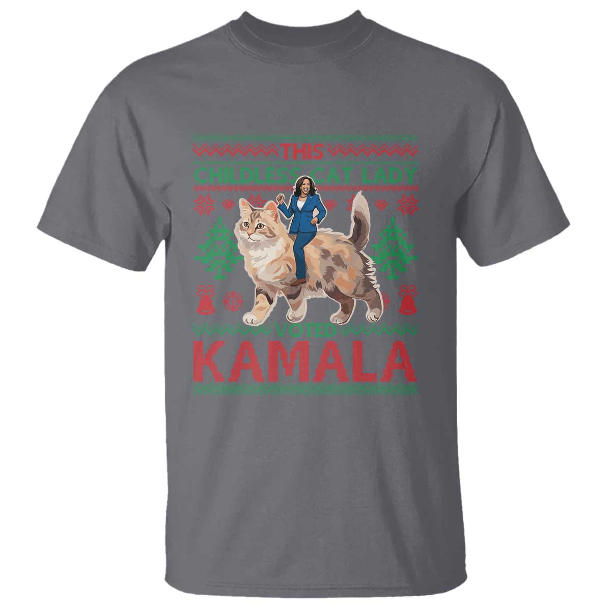 Christmas Childless Cat Lady For Kamala T Shirt Funny Santa Cat Voted Harris 2024 TS09 Charcoal Print Your Wear