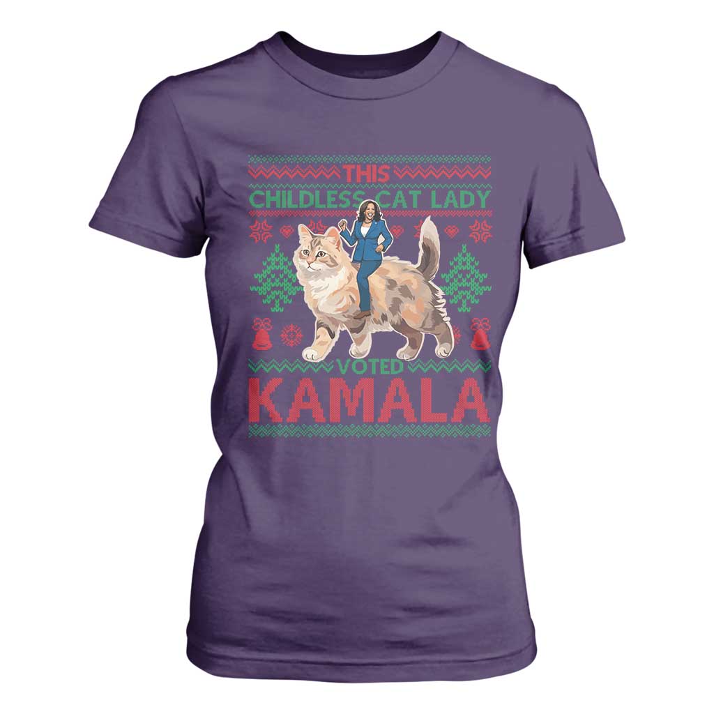 Christmas Childless Cat Lady For Kamala T Shirt For Women Funny Santa Cat Voted Harris 2024 TS09 Purple Print Your Wear