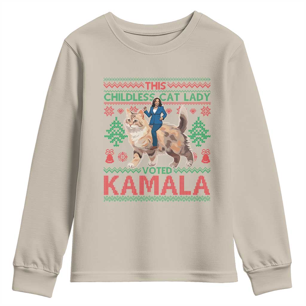 Christmas Childless Cat Lady For Kamala Youth Sweatshirt Funny Santa Cat Voted Harris 2024 TS09 Sand Print Your Wear