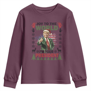 Funny Christmas Trump Youth Sweatshirt Joy To The World I'm Your President 2024 TS09 Maroon Print Your Wear