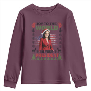 Funny Christmas Harris Youth Sweatshirt Joy To The World I'm Your President Kamala 2024 TS09 Maroon Print Your Wear